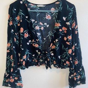 American Eagle floral front tie top